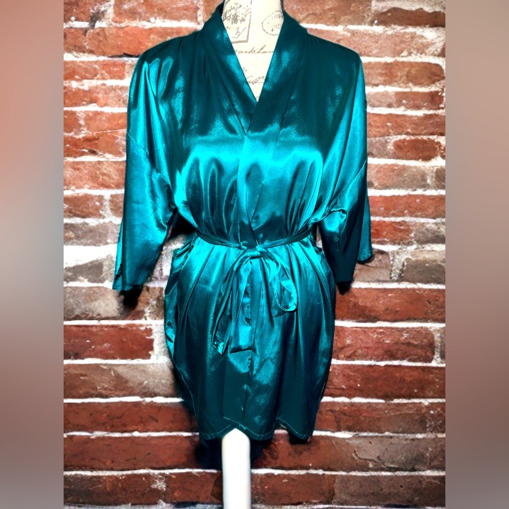 Fredrick’s of Hollywood Vintage 90s Teal Satin Robe with Pockets Size S EUC